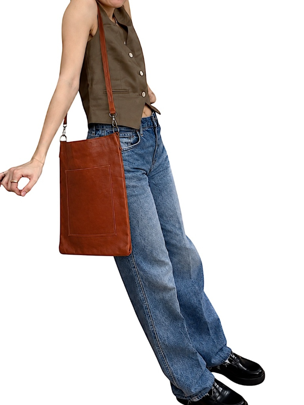 Handmade Leather Crossbody Bag Large Unlined Detachable Strap Snap Closure Plain